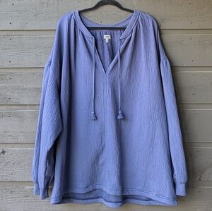 aerie Navy Blue Pullover Hoodie with V-Neck Tie